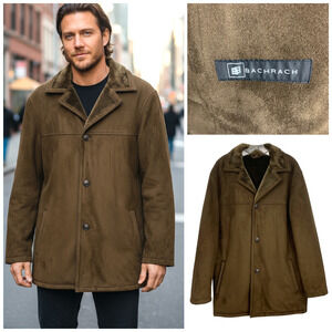 Bachrach Moss Brown Faux Suede Fur Lined Men’s Classic Car Coat 3-Button Sz M